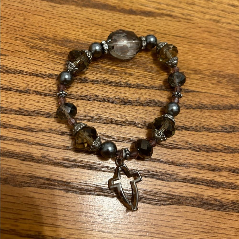 Stretchy Shiny Grey Beaded Christian Cross and Fish Charm Bracelet
